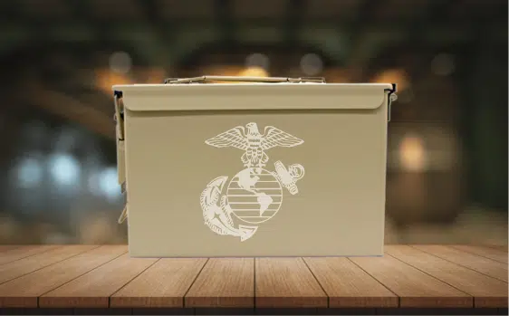 engraved ammo can example - tan, backdrop