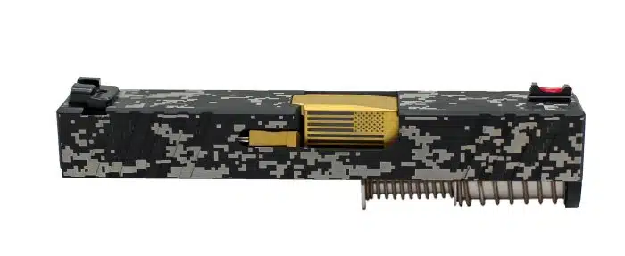 engraved assembled glock slide - digital camo with gold american flag barrel and fiber optic sights installed